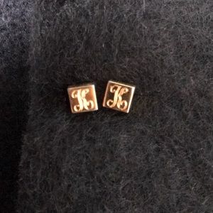 gold block cursive K engraved stud earrings